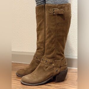 Nicole Tall Faux Suede Tan Block Heeled Boots Size 7